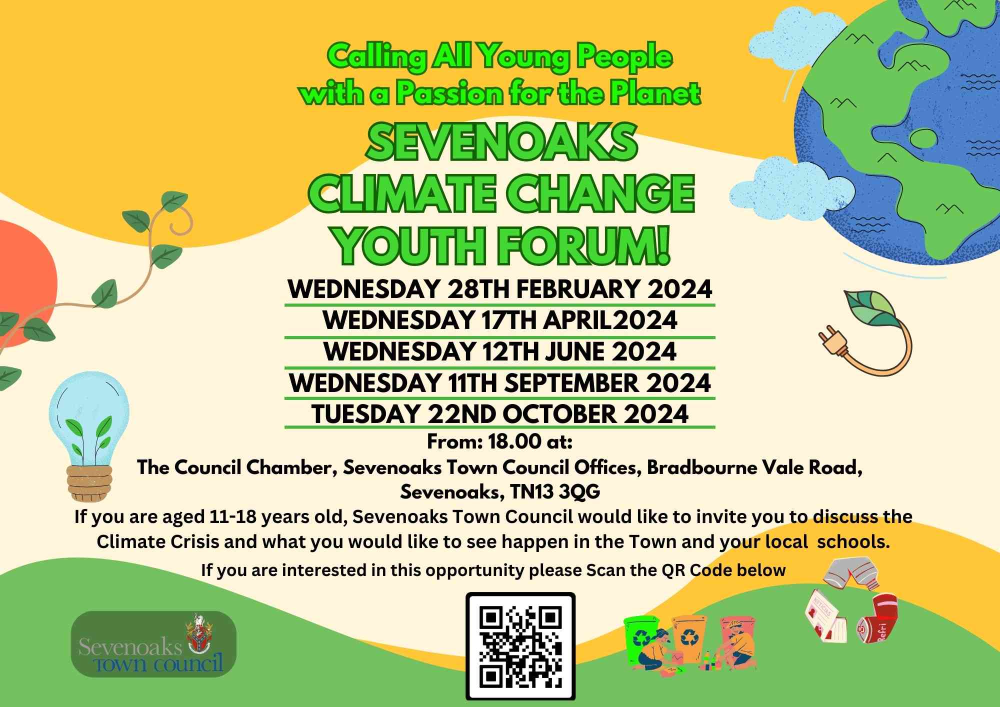 Poster showing the dates and times of the Sevenoaks Town Councils Climate Change Youth Forum held at the Town Council Chamber