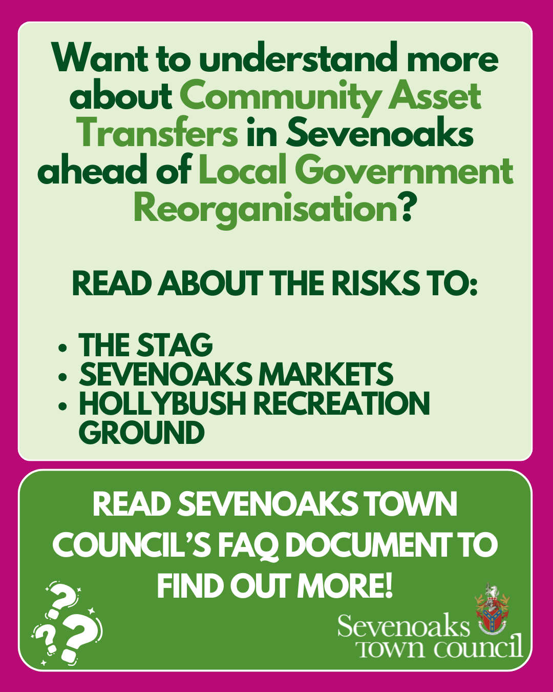 Want to understand more about Community Asset Transfers in Sevenoaks ahead of Local Government Reorganisation? Read our FAQ document!