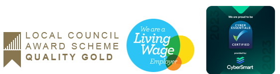 Gold award, Cyber Essentials and living wage logos