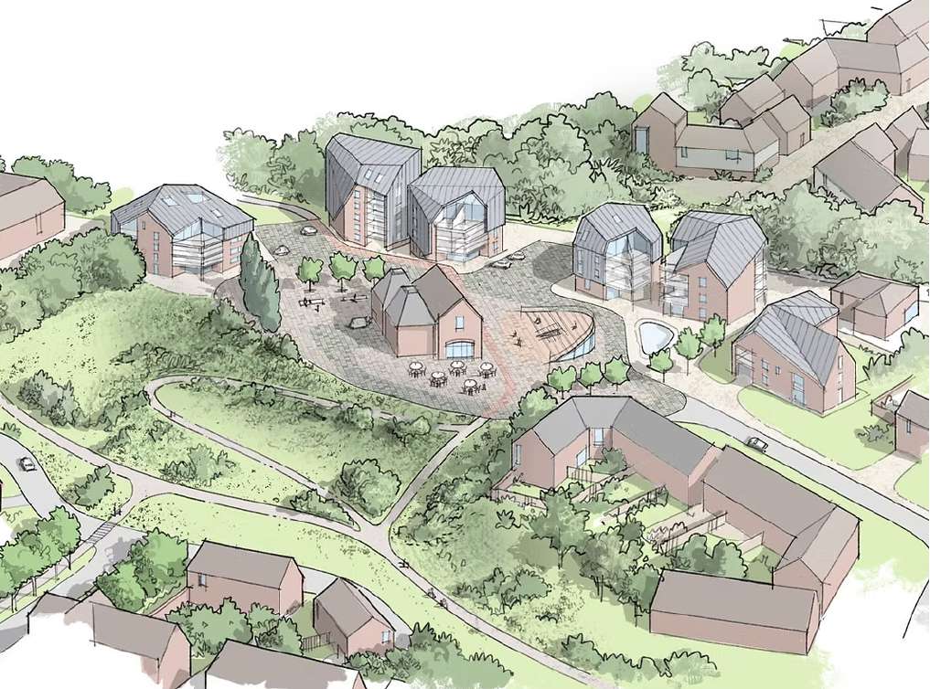Sketch view of the proposed Tarmac Quarry development with The Oast in the centre - Theis and Khan Architects