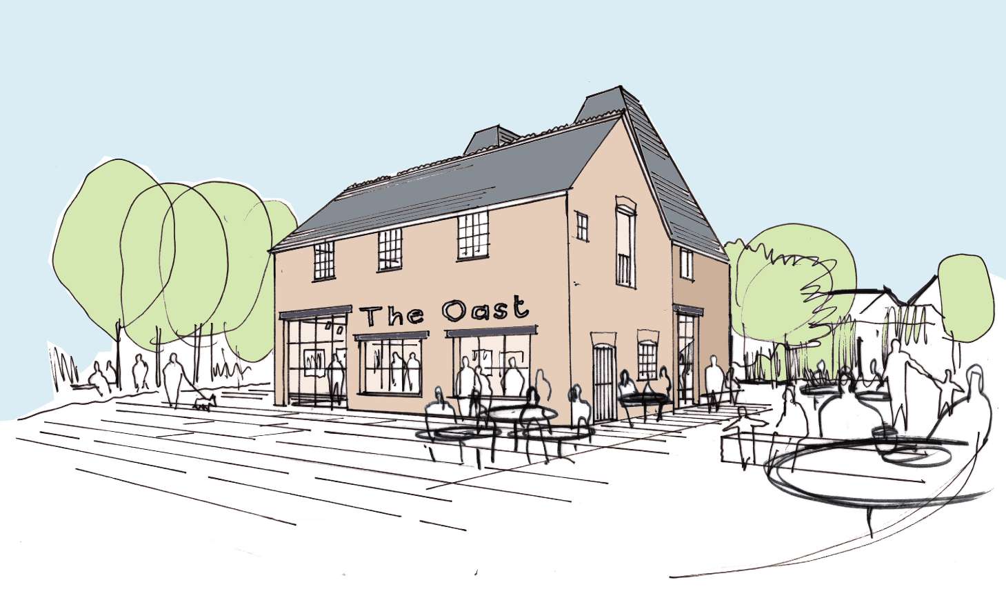 Sketch view of the proposed exterior option of the Oast House - Theis and Khan Architects